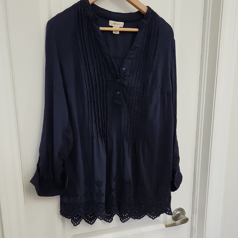 M STYLE &CO Navy Pintuck & Eyelet Blouse